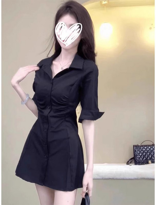 여성 여름 셔츠 원피스 프렌치 슬림핏 셔츠 미니 원피스 오피스룩 캐주얼 여자 반팔 원피스 LCL
