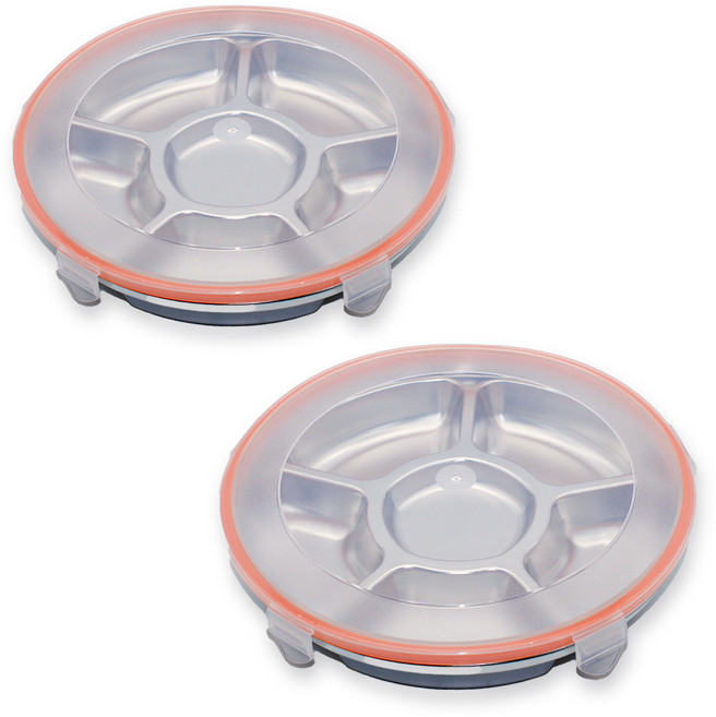 1+1 올품락 간편한끼 스텐 다이어트 원형 6구 뚜껑 식판, 오렌지, 2세트