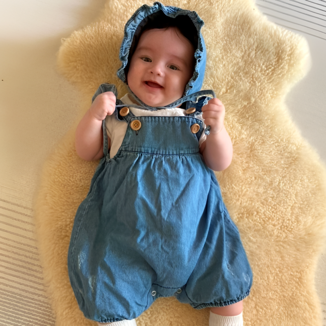 오라비 아동복 베이비 여아 프릴 데님 수트 아기옷 멜빵 돌촬영 백일촬영 모자세트 유아슈트
