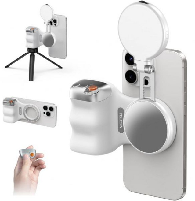 TELESSIN 펀 샷 마그네틱 휴대폰 카메라 DSLR 스타일 셔터 그립 + C03 셀카 라이트 (흰색) 번들