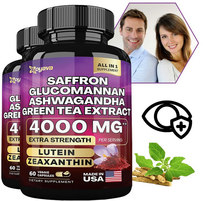 올인원 슈퍼푸드 복합체 60캡슐 1개월분 사프란 글루코만난 아쉬와간다 4000mg 고함량 루테인 제아잔틴 함유, 1개, 60정