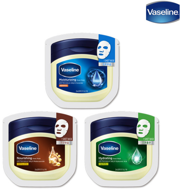 바세린 수분 영양 보습 시트 마스크 3종 23ml x 10매 x 3개, 수분충전 시트 마스크 3개(30매)