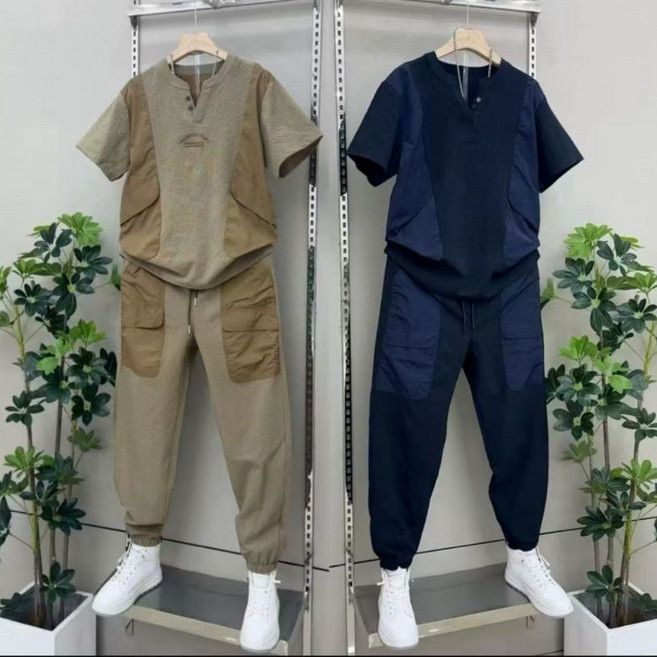 빅사이즈 남성 반팔티 루즈핏 배기 팬츠 투피스 여름 트레이닝복 세트 데일리룩