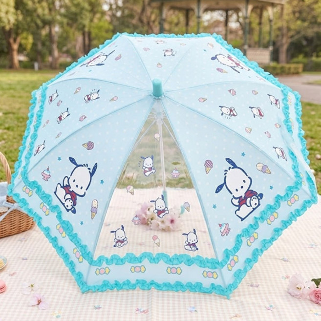 포차코 파스텔 블루 이중프릴 레이스 40 우산 귀여운 투명 창 포인트 캐릭터 우산 3~4세