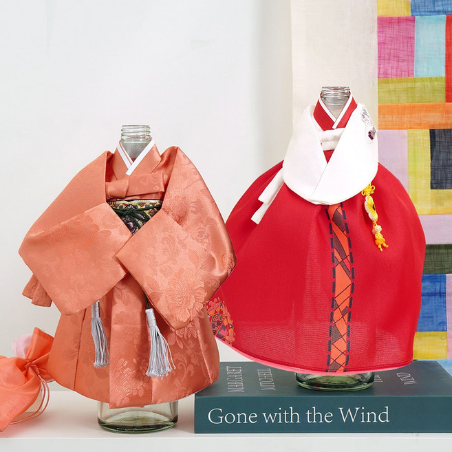 인테리어 오브제 와인커버 남녀 한복 미니어처 1+1, 선비+스티치, 선비(주황)+스티치(미색)