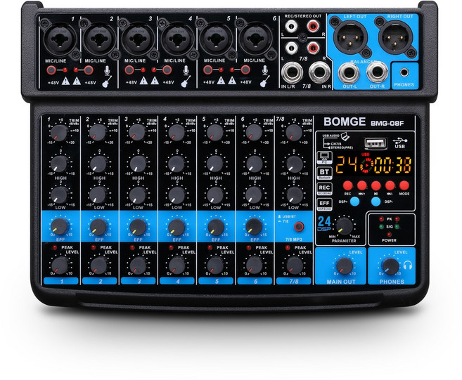 BOMGE 8 채널 미니 오디오 믹서 라인 믹서 5V Bluetooth 48V 소규모 클럽 또는 바용 24DSP 효과 스튜디오, BMG 08F EU 1