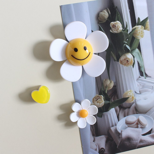 빅스마일꽃 3P set 냉장고 현관문 인테리어 사무실 자석 작지만 강력한 귀여운 마그넷, 1.화이트 3pcs 세트 자석