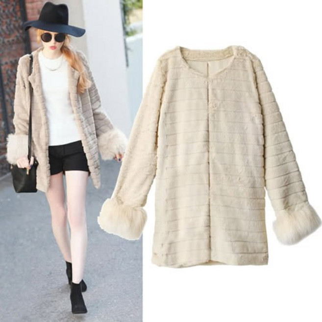 仿皮草外套 橫條壓紋設計 毛絨袖口