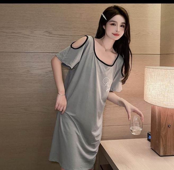 Your 睡裙 女 短袖 露肩 坑條 睡衣 連衣裙, 灰色,2XL 95-120公斤
