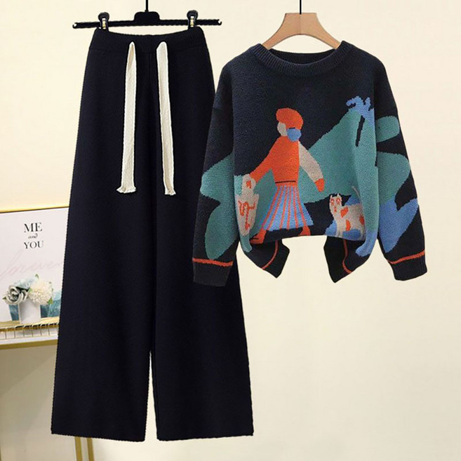 지고다그 여성용 니트 투피스 세트 가을겨울 루즈핏 상하의 세트 통바지 캐주얼룩 ZXC43967