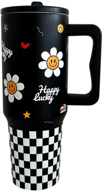바이코코 스마일 데이지 대용량 1.2L 스텐 예쁜 손잡이 텀블러, 1개, 1200ml, 블랙