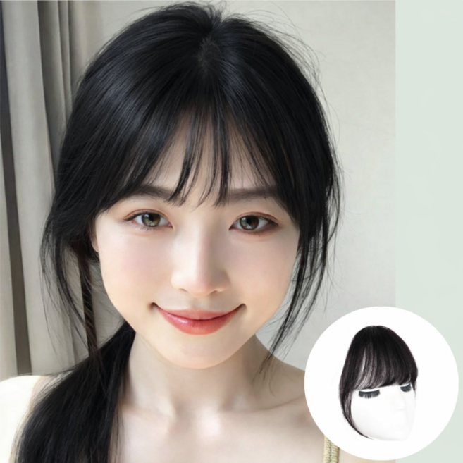 에윤 손으로 짠 자연스러운 인모 앞머리 가발, 1개, 자연스러운 블랙