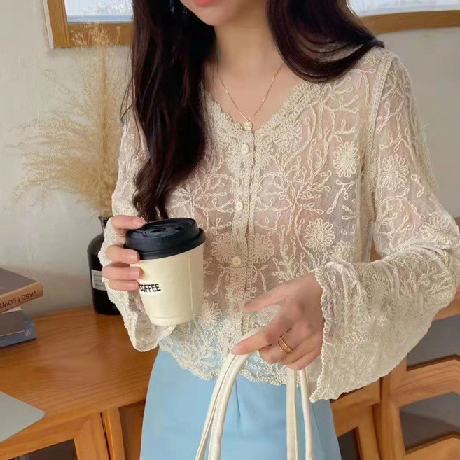 여름 얇은 한국판 초선 자외선 차단복 여성 루즈핏 망사 펀칭 블라우스 레이스 블라우스 숄 외투