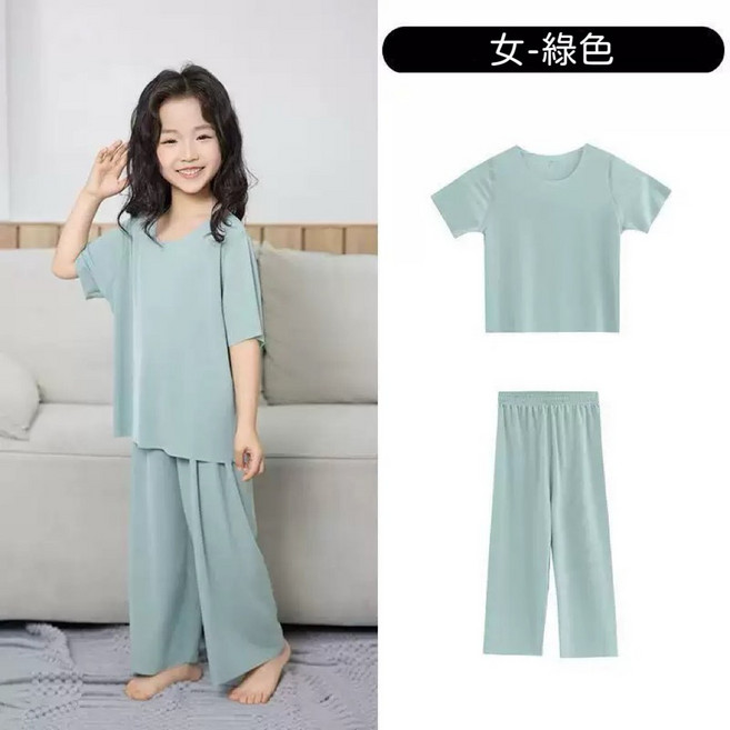 萱寶媽咪baby童裝館 韓版兒童夏季無痕冰絲家居服套裝 日系童裝 中大童套裝短袖套裝涼感套裝兩件式套裝無痕男童女童套裝休閒套裝萱寶媽咪