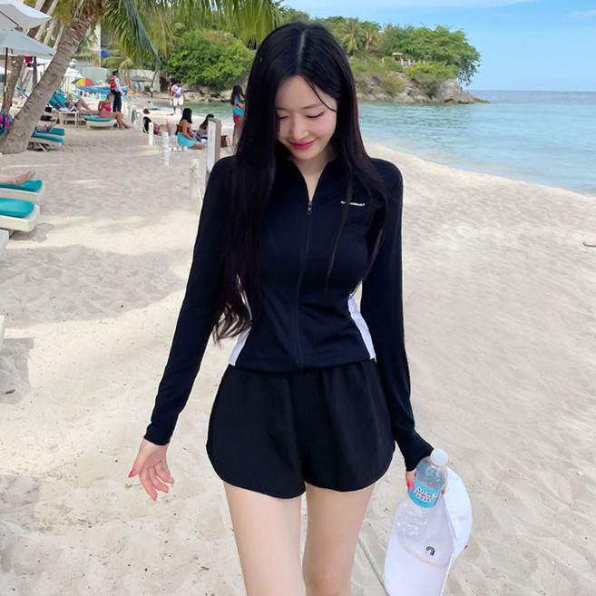 韓版純色三件套泳衣女遮肉顯瘦防曬葫蘆島泳裝拉鍊保守分體泳衣