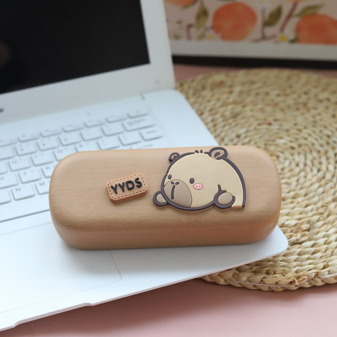 無品牌 卡皮巴拉 可愛框架眼鏡盒 學生便攜防壓防摔仿木紋墨鏡太陽鏡盒