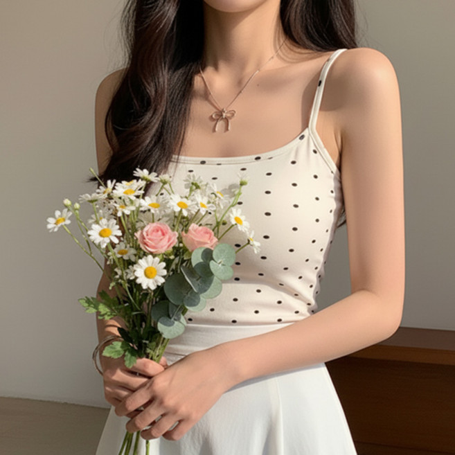 여성 캡내장 러블리 미니 도트 땡땡이 크롭 슬리브리스 나시 탑 W836