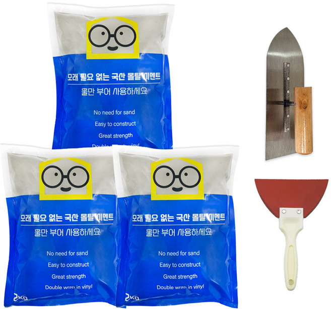철물팩토리 간편한 국산 몰탈 시멘트2kg 3개+흙손+D형고무헤라 금간곳 계단 세트구성, 몰탈시멘트2kg 3개+흙손+고무헤라, 1개