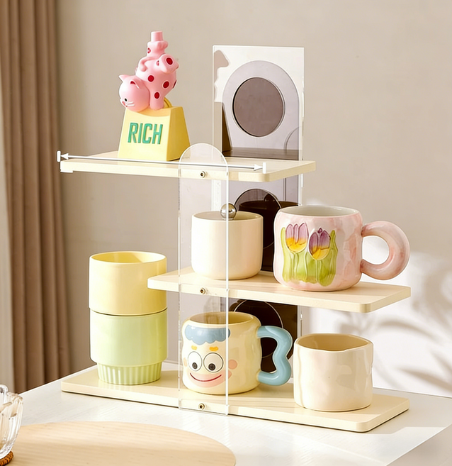 다기능 아크릴 우드 3단 수납 선반 컵 소품 정리 책상 거실 다용도 랙, 3개, 화이트