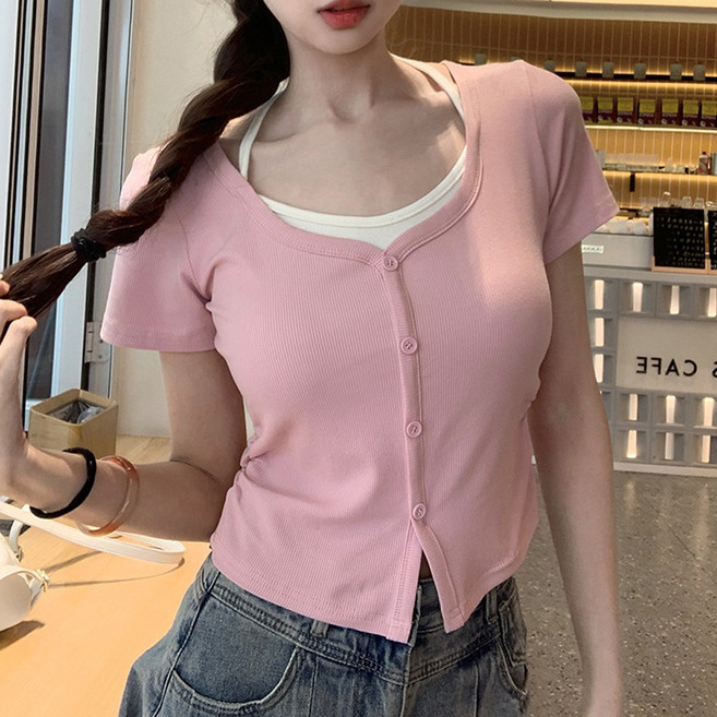 cammello 끈나시 레이어드 반팔 크롭 티셔츠 골지 반팔 가디건 크롭티