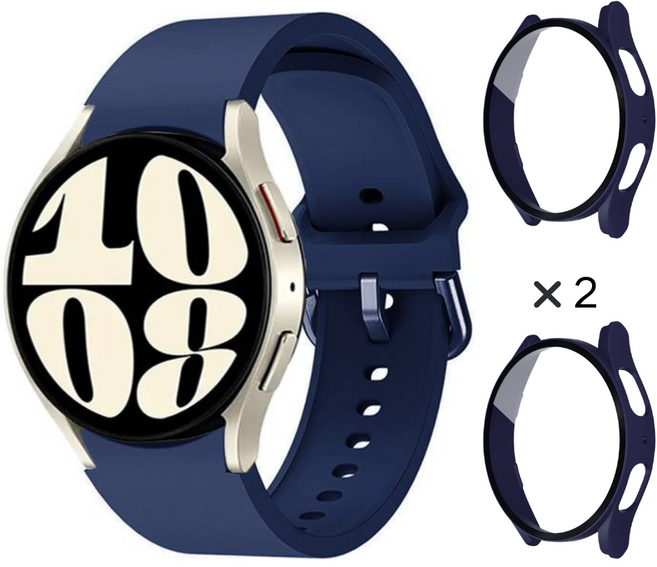 갤럭시워치 호환 8 7 6 5 4 스포츠 실리콘 스트랩 + 보호 PC강화유리 풀커버 케이스 2개입, 미드나이트 블루/미드나이트 블루
