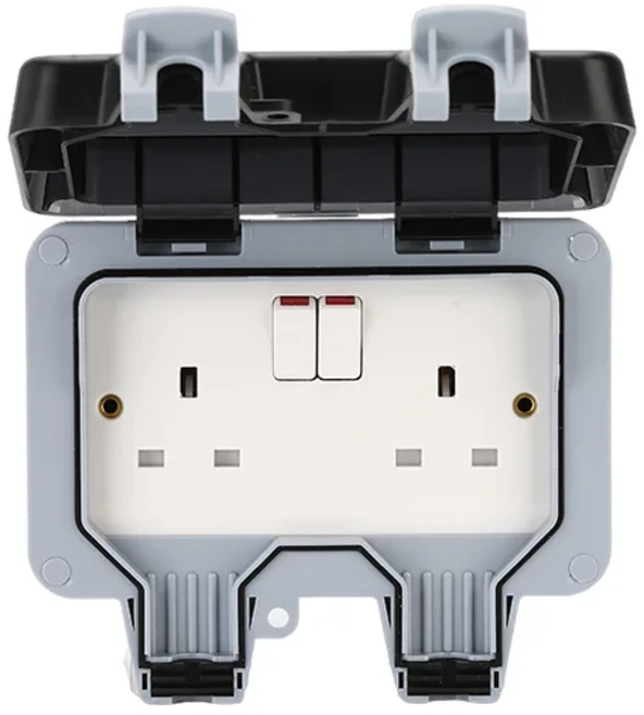 IP66 영국 표준 방수 야외 벽면 콘센트 (스위치 포함) - 가정 및 정원용 전원 이중 콘센트 패널 대형 플러그 호환, UK SOCKET 2WAY