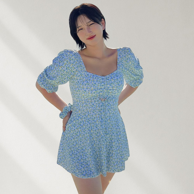 [55~99] 비키비키 메들린 여성 원피스 수영복 스크런치 세트 모노키니 비키니 빅사이즈 비치웨어, 스카이