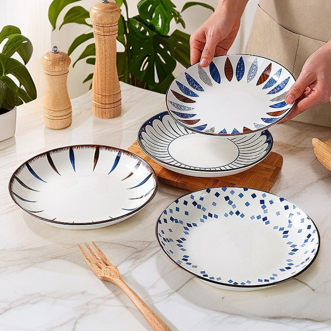 Siemzon 블루톤 도자기 예쁜 접시 스테이크 접시, 혼합 색상, 도자기접시, 4개