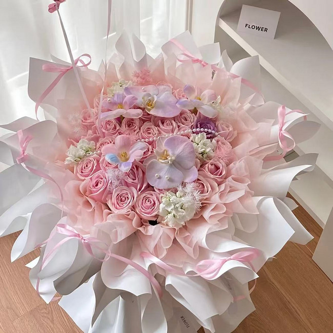 香皂花永生花多巴胺仿真玫瑰七夕節日生日禮物送女生高級感驚喜, 1個, 多巴胺33朵【粉色甜蜜】送禮袋+燈串