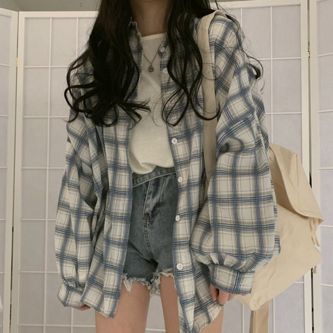마리하우스 롱체크 오버핏 남방 셔츠 블라우스 가디건