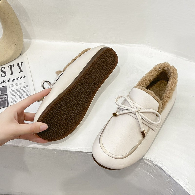가죽 뽀글이 플랫 슬립온 리본 발편한 여성 겨울