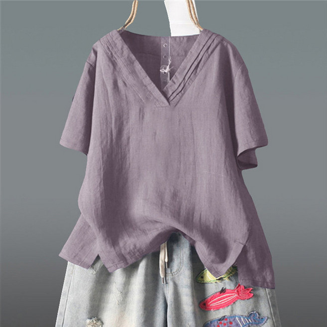 【顯瘦遮肉】大碼T恤 胖MM上衣 寬鬆短袖 棉麻T恤 不規則下襬 V領開叉 純色打底衫 春夏季休閒百搭