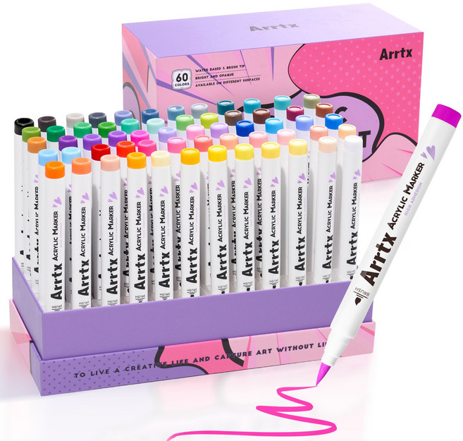 아트엑스 아크릴 마카펜 세트 60색 B 브러시형 생활방수 전문가용, 1세트