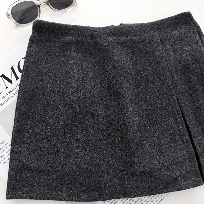 高級感開叉毛呢高腰短裙 褲裙 毛呢半身裙 黑色 小個子 冬天裙子