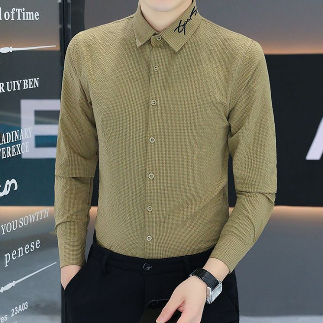 川月商行 秋季長袖襯衫 男青年商務休閒襯衣 免燙抗皺英倫襯衫