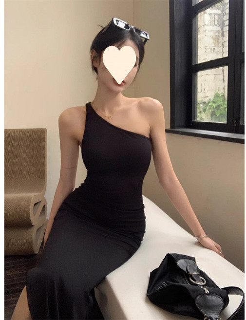 吊帶連衣裙 斜肩露背開叉長裙, DGS277黑色