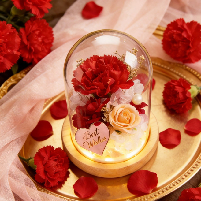 시들지 않는 유리돔 무드등 카네이션 꽃다발 엄마와 시어머니께 드리는 어버이날 선물생일 선물 1개 분홍색, 빨간색
