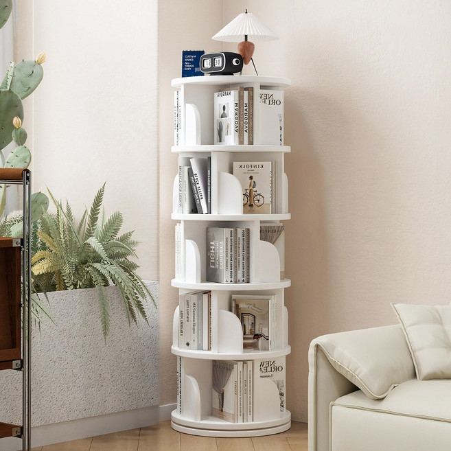 360도 회전 원형 책장 대용량 거실 서재 책꽂이, 5단, 화이트