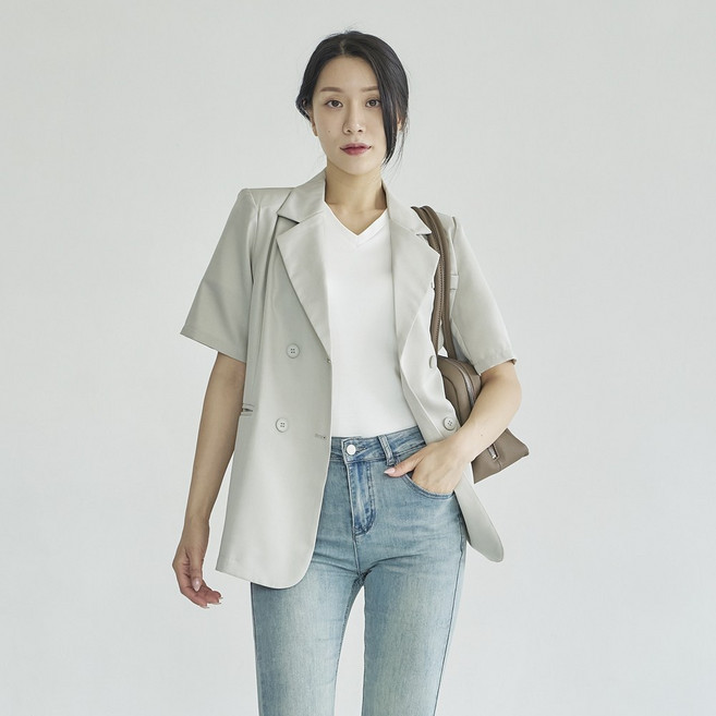 고퀄리티 카라넥 V넥 여성 반팔 자켓 마이 점퍼 무지 재킷 [키오]