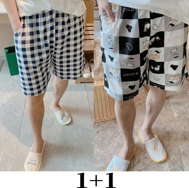 1+1 남성 홈웨어 반바지 여름 루즈핏 얇은 속건 팬츠 잠옷 캐주얼 빅사이즈 남자 5부 비치 바지 sjs