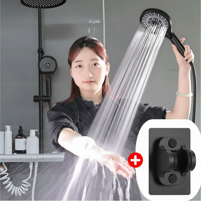 비니퍼니 3단 수압상승 원터치 샤워기헤드, 블랙, 1개