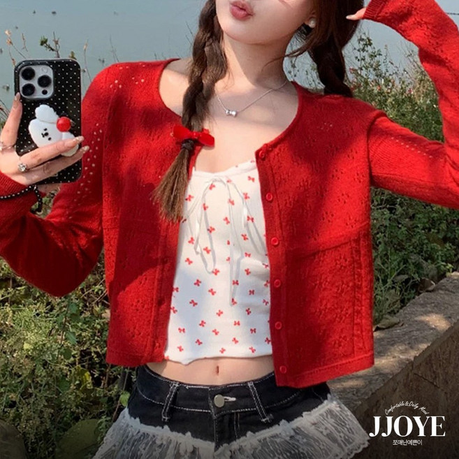 쪼예 여름엔레드 아이스 펀칭 긴팔 크롭 가디건