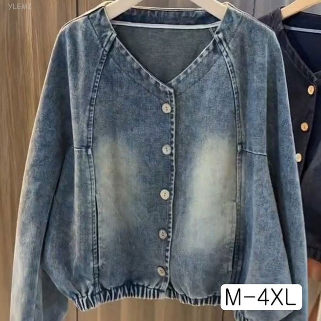 YLEMI 빅사이즈 봄 가을 브이넥 워싱 청자켓 여성 데님 자켓 패션 크롭 캐주얼 점퍼 상의