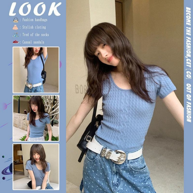 圓領麻花紋理針織衫短袖女夏季設計感顯瘦上衣