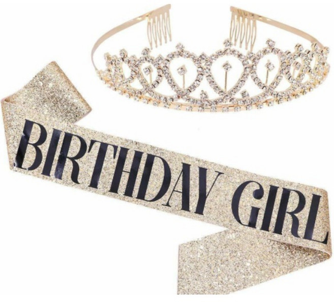 歐式水鑽皇冠生日揹帶組 派對慶生裝飾 生日女孩女王配件, 金+金揹帶, 1個