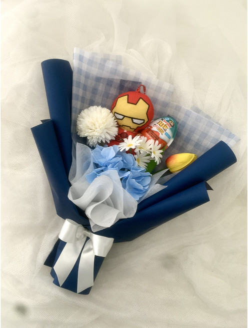 샤이니벌룬 마블 어벤져스 킨더조이 조화 꽃다발 졸업식 입학식, 남색 포장, 아이언맨