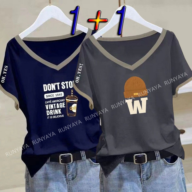 RUNYAYA 1+1 S-3XL옵션 데일리 패턴 반팔티 슬림핏 프린트티 데일리 편한 브이넥 반팔 티셔츠 레터링 배색라인 여름티 학생티