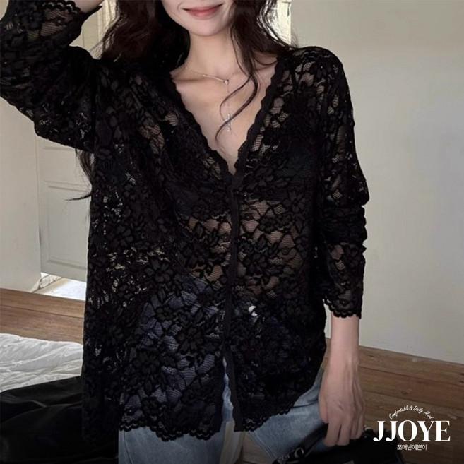 쪼예 프렌치 빈티지 레이스 브이넥 시스루 루즈핏 긴팔 블라우스