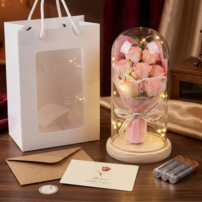 아노유 유리돔 장미 카네이션 꽃 LED 무드등 선물포장세트, 로즈-핑크