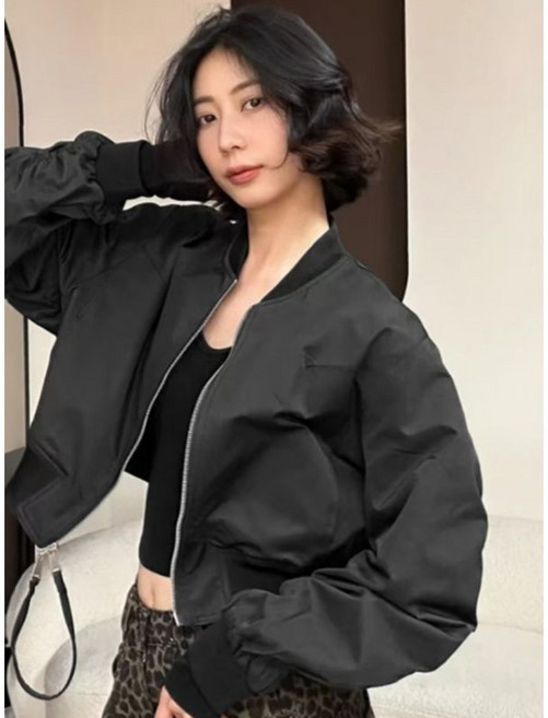 圓領棒球服外套 女 春季新款 休閒拉鍊 美式復古 飛行夾克